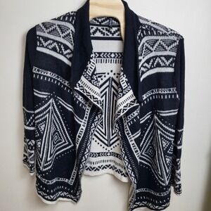 On Twelfth Womens Large Black White‎ Geometric Open Front Cardigan Sweater Aztec